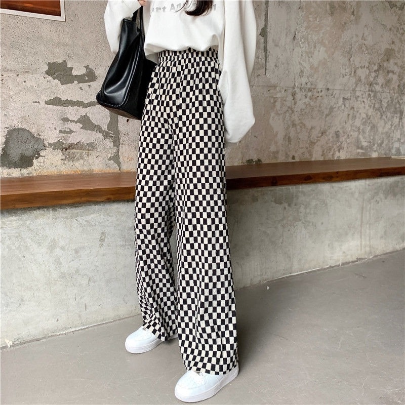 Quần ống rộng Họa Tiết Sọc Caro Thời Trang Thu Đông Cá Tính Cho Nữ