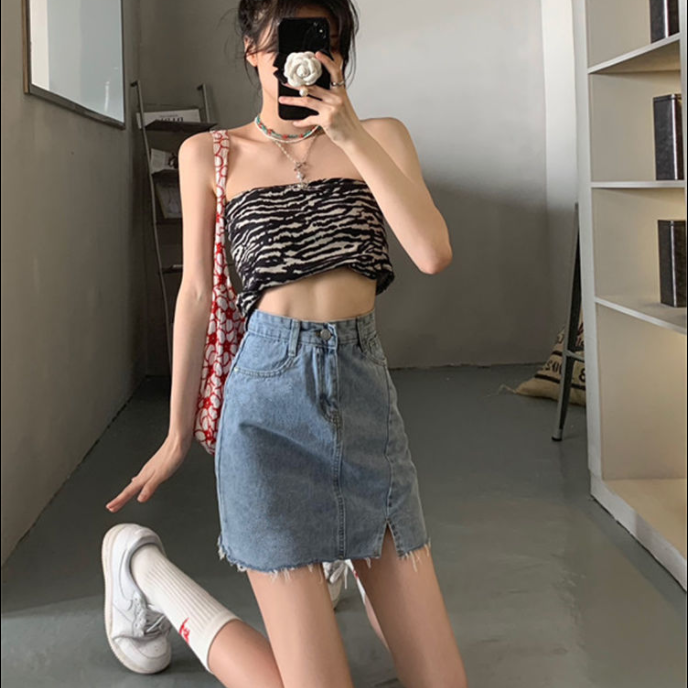 Chân váy jeans chữ A eo cao phối xẻ tà thời trang Hàn Quốc sành điệu trẻ trung