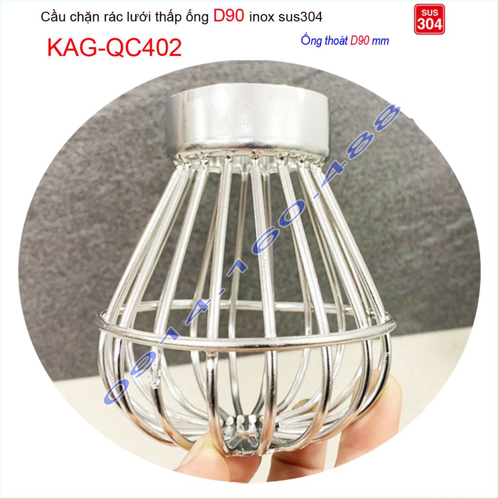 Cầu chắn rác lưới đế thấp KAG-QC402-ống D90, Cầu thoát nước mưa SUS304 inox dày cao cấp