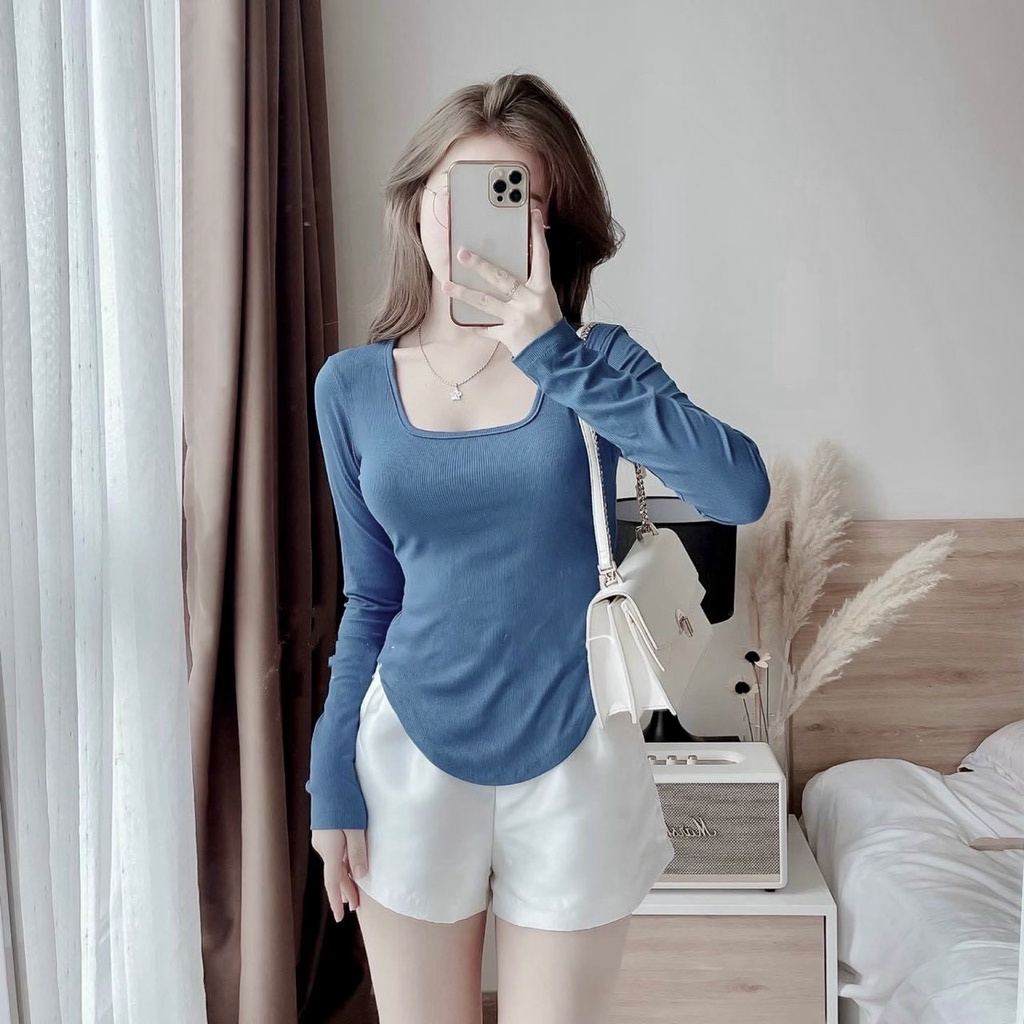 Áo thun tay dài áo croptop tay dài cổ vuông đuôi tôm ôm body kiểu nữ | BigBuy360 - bigbuy360.vn