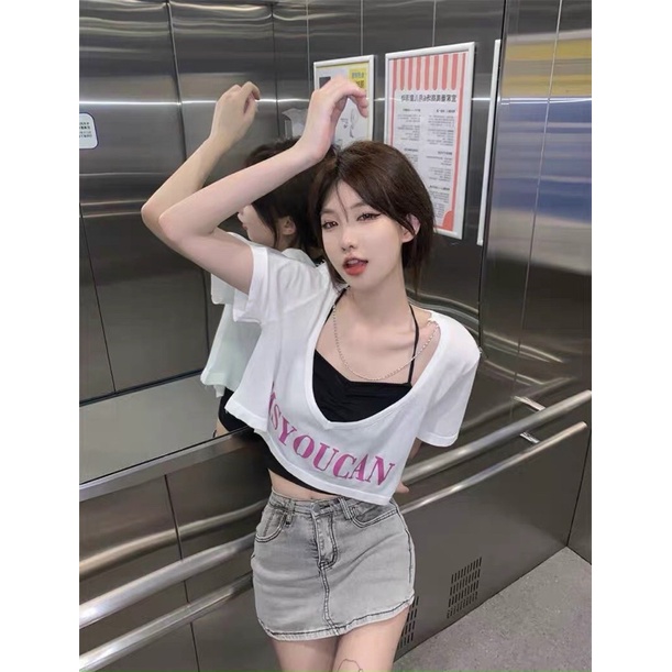 [ẢNH THẬT] SET 2 ÁO CROPTOP CỔ V (KÈM YẾM TRONG) CHIZISHOP IN CHỮ -CRT TAY NGẮN S2A001