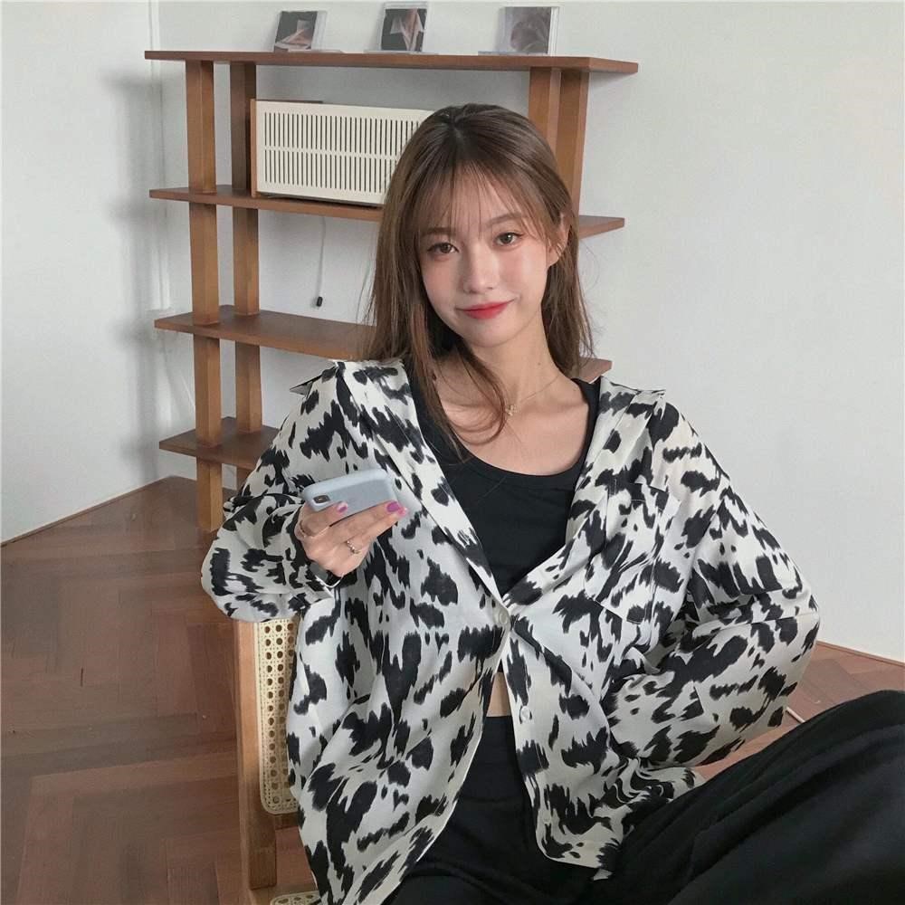 Áo Sơ Mi Tay Dài Họa Tiết Da Báo Phong Cách Retro Hàn Quốc