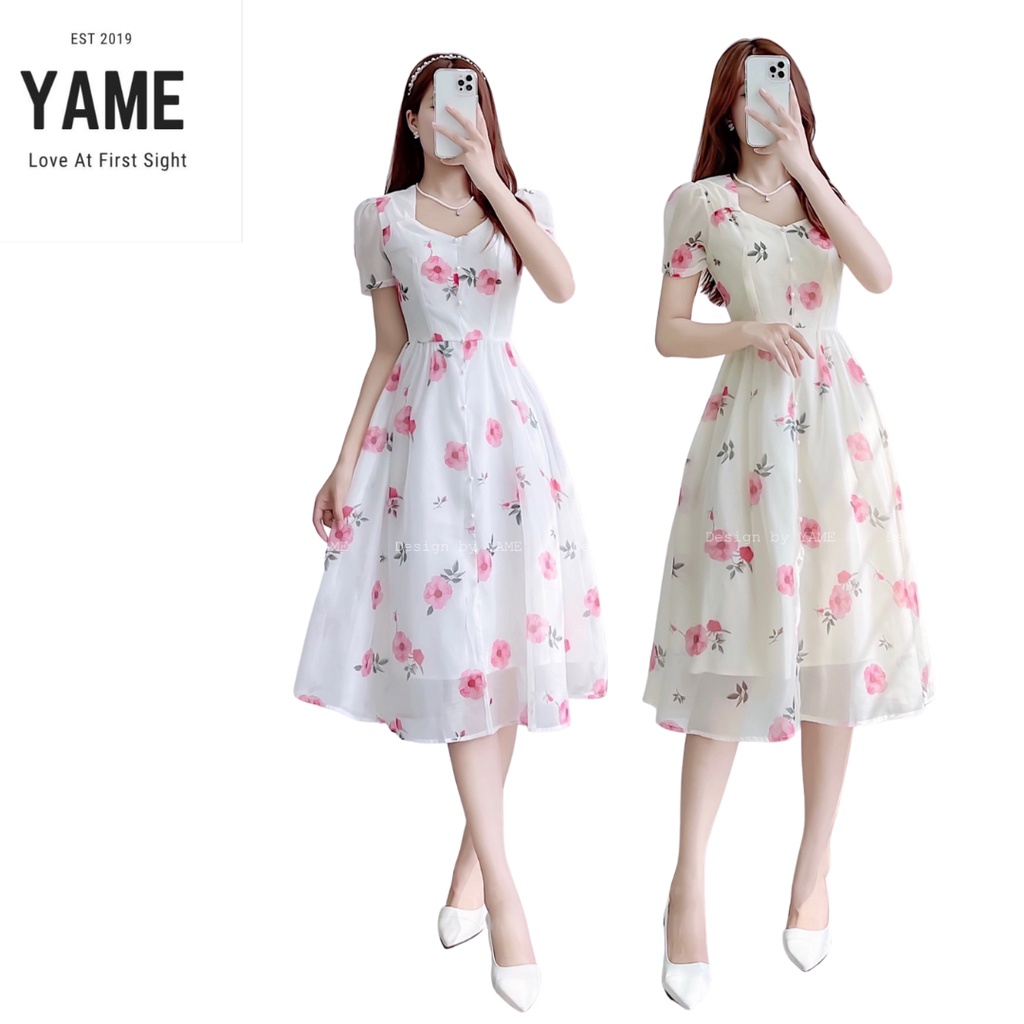 Váy hoa cổ vuông dáng dài tay bồng hai màu trắng, be Lolie YAME