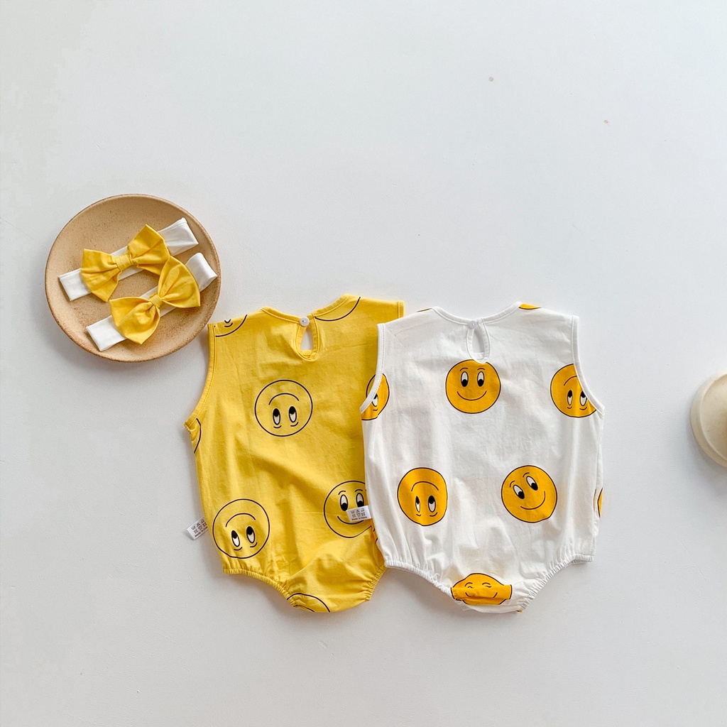 Bộ Áo Liền Quần Không Tay In Hình Mặt Cười Dễ Thương + Băng Đô Cài Tóc Cho Bé Sơ Sinh