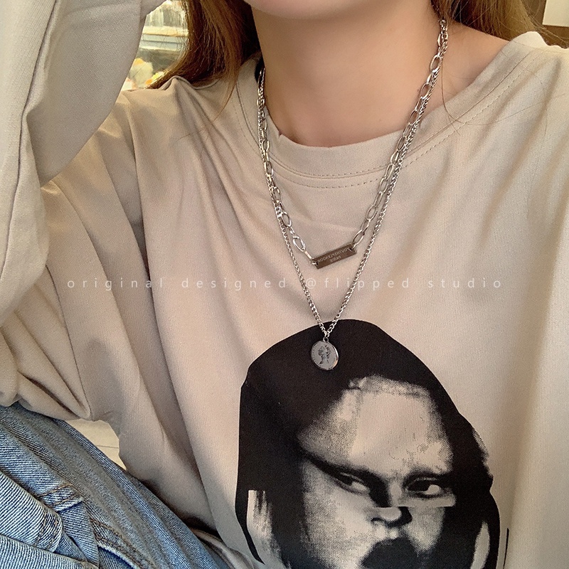 Vòng cổ Hai Lớp Mặt Thẻ Tròn Đơn Giản Phong Cách Hàn Quốc