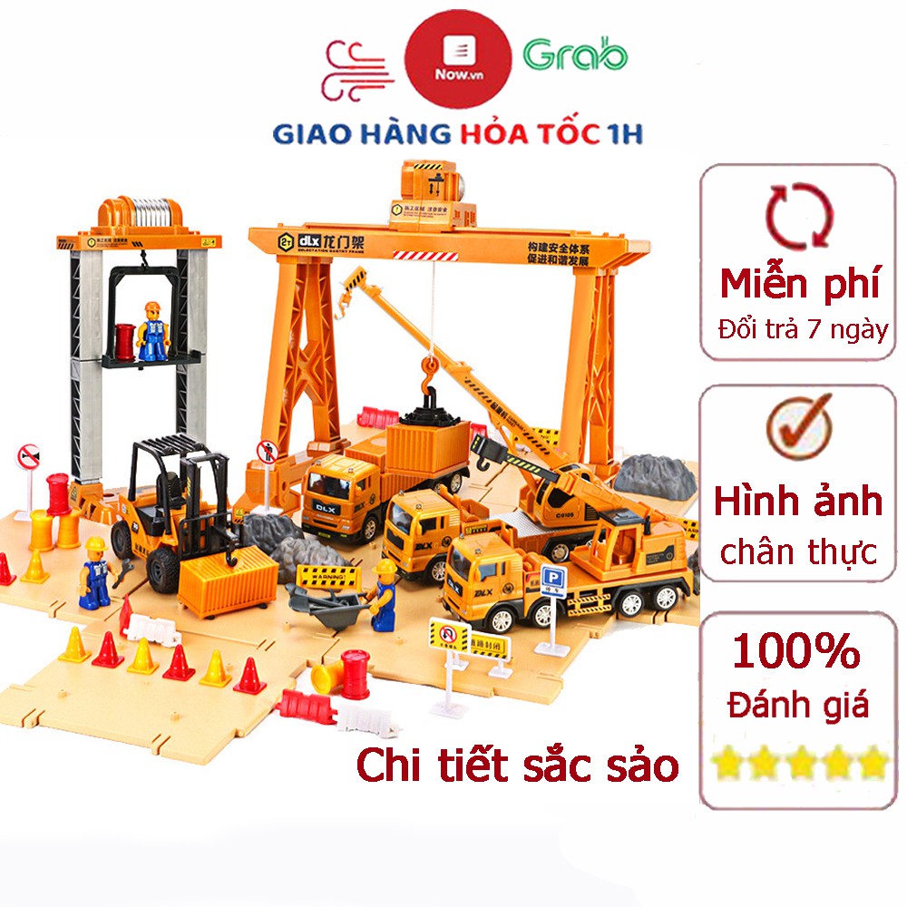 Combo bộ xe mô hình công trình xây dựng, bộ xe cảng biển, xe xúc, xe cẩu móc ( 4 sản phẩm)