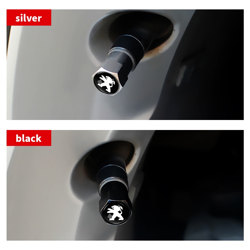 Bộ 4 Nắp Van Bánh Xe Hơi Bằng Nhôm Màu Đen / Bạc Hình Lục Giác Cho Peugeot 308 206 207 408 508 RCZ 208 3008 2008 4008