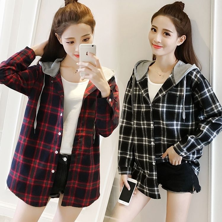 Áo Hoodie Nữ Dáng Rộng Họa Tiết Caro Phong Cách Hàn Quốc