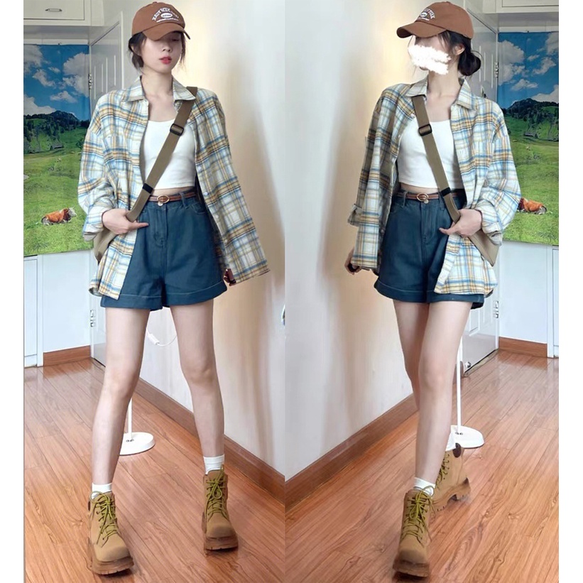 Áo Khoác Sơ Mi Caro Tay Dài Dáng Rộng Thời Trang Cho Nữ