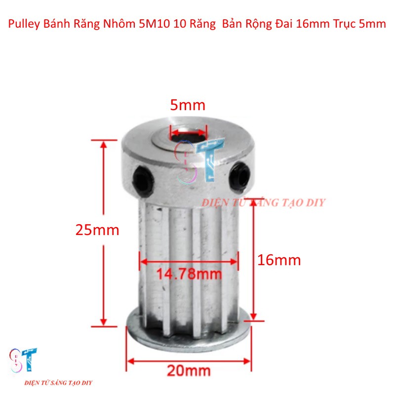 Pulley Bánh Răng Nhôm 5M 10 Răng Bản Rộng Đai 16mm Trục 5mm