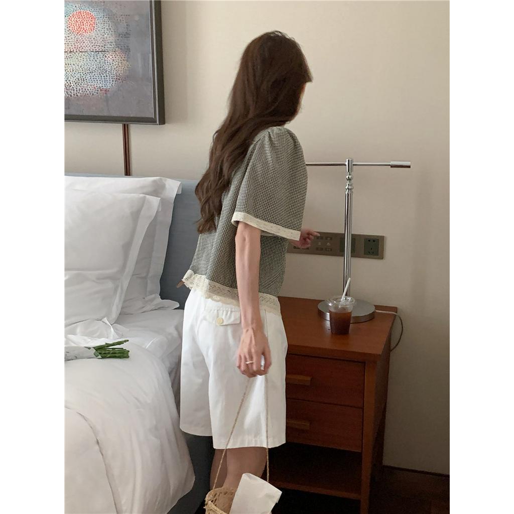 Áo Sơ Mi Kẻ Ô Mềm Mại Ngắn Tay Phối Ren Thanh Lịch 53698