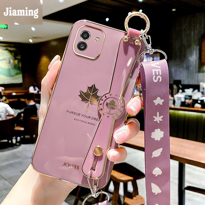 Ốp Điện Thoại Viền Lá Phong Mạ Điện Sang Trọng + Dây Đeo + Vòng Tay Cho Samsung Galaxy A03