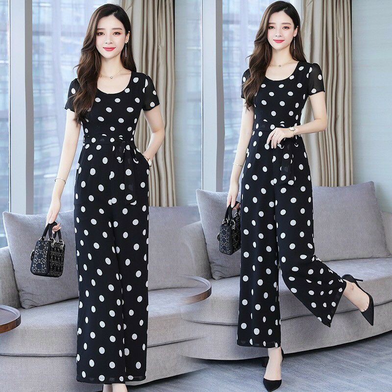 Jumpsuit dài chấm bi cổ tròn vải lụa đủ size mặc đi làm, đi chơi