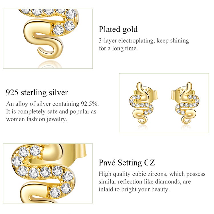 Cặp khuyên tai Bamoer BSE526 bằng bạc 925 hình rắn đính đá zircon thời trang cho nữ