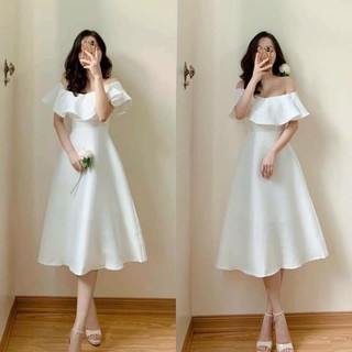 váy đầm trễ vai trơn xoè ( ảnh thật tự chụp)