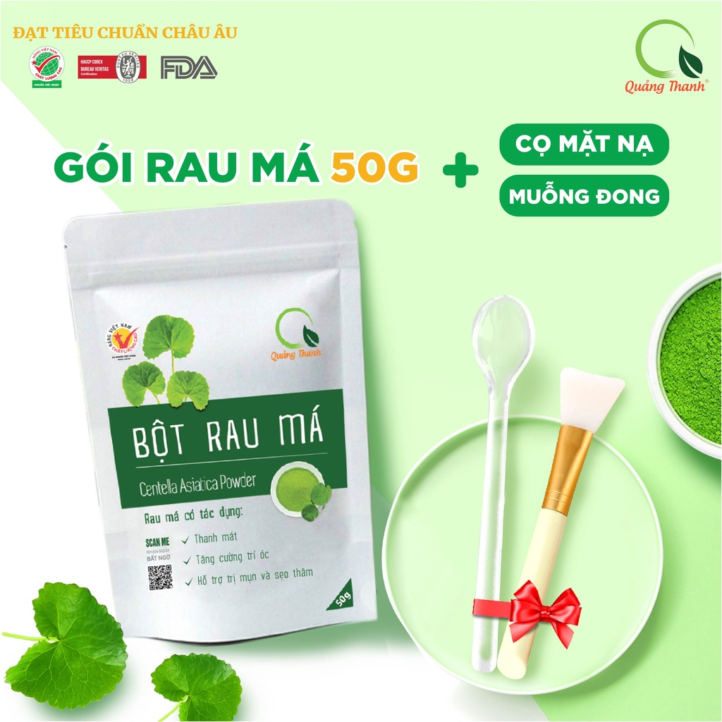 Bột Rau Má Quảng Thanh đắp mặt nạ - ngăn ngừa mụn, thâm - Kèm Cọ quét mặt nạ cao cấp, muỗng nhựa trong suốt - Gói 50g