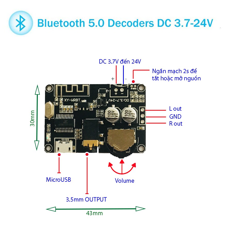 Module mạch Bluetooth V5.0 model XY-WRBT giải mã âm thanh dùng nguồn 3.7V đến 24V