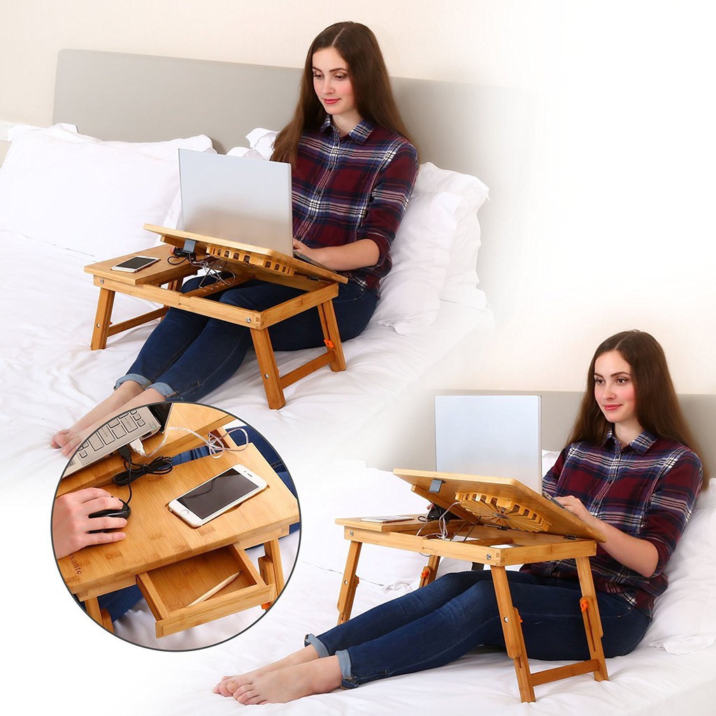 [CAO CẤP] Bàn gỗ laptop kèm 01 quạt tản nhiệt Bamboo, xếp, gấp gọn tiện lợi