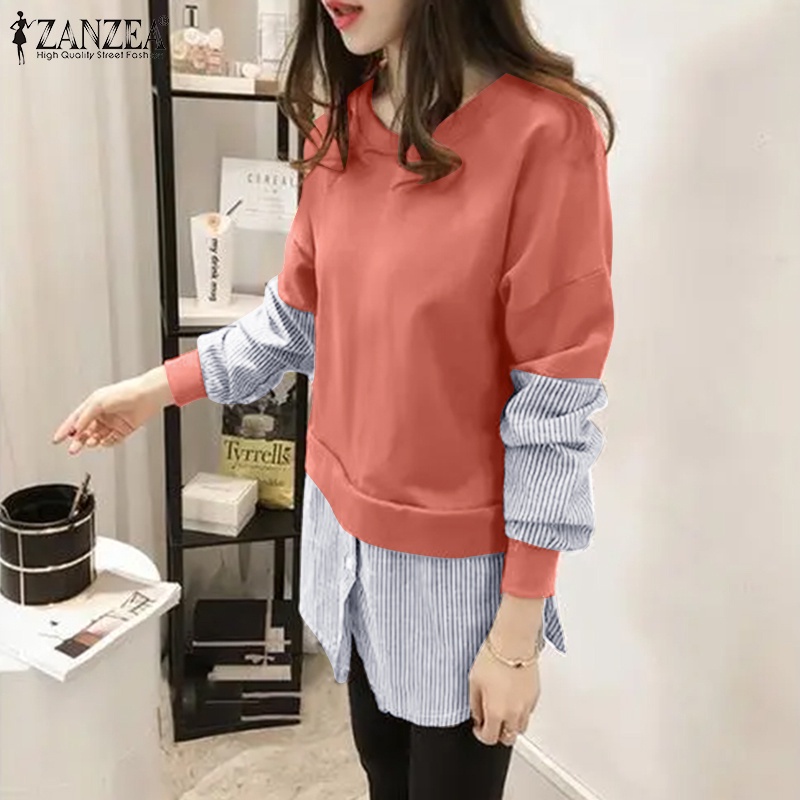Áo nữ ZANZEA họa tiết sọc ghép nối dài tay cổ tròn giả hai lớp thời trang thường ngày