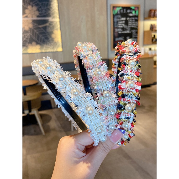 Băng Đô Cài Tóc Bản Rộng Bằng Vải Đính Ngọc Trai Ngọt Ngào Mới