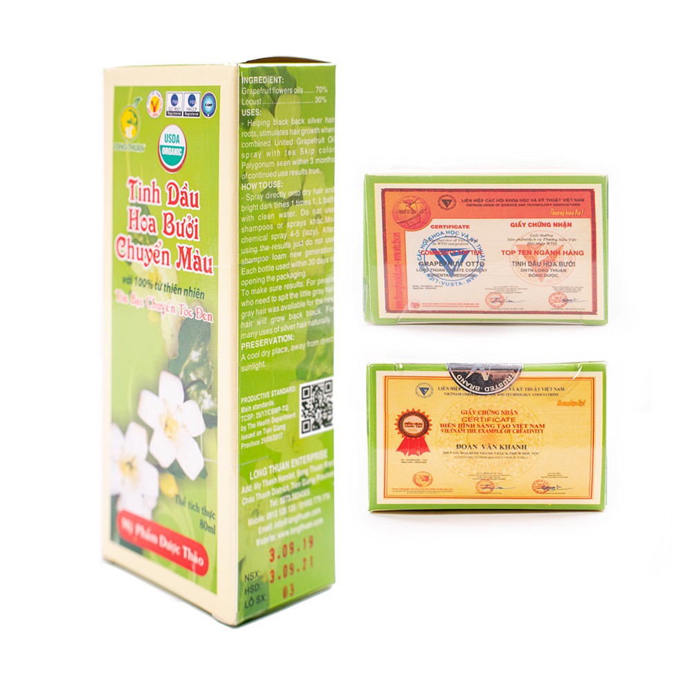 Tinh Dầu Hoa Bưởi Chuyển Màu-Long Thuận chai 80ml Giúp tóc bạc chuyển thành tóc đen