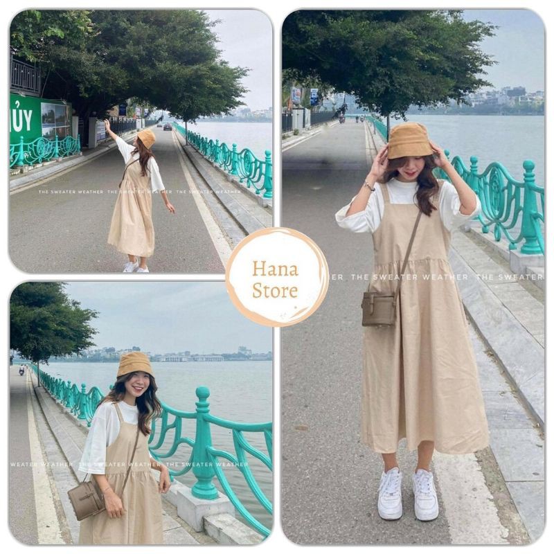 Set Yếm Kaki Và Áo Thun Vintage ❤️ Váy yếm ulzzang chất kaki kèm áo thun tay lỡ SIÊU HOT ❤️