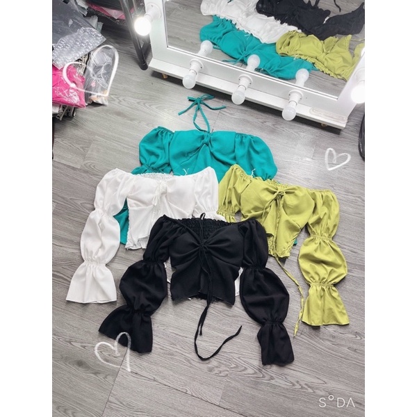 Áo Croptop Tay Dài Bồng Cúp Mút Ngực Rút Ngực Cột Dây 4 Màu Tự Chụp