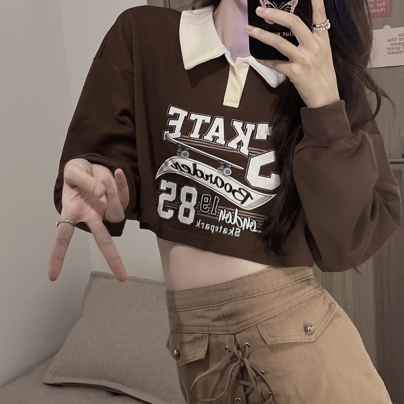 Áo croptop ZHELIHANGFEI cổ polo tay dài phong cách Âu Mỹ quyến rũ cho nữ