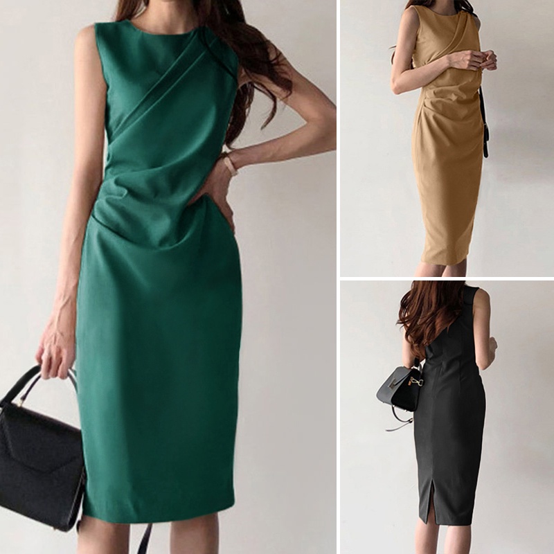 Đầm midi ZANZEA không tay cổ tròn màu trơn thời trang xinh xắn dành cho nữ