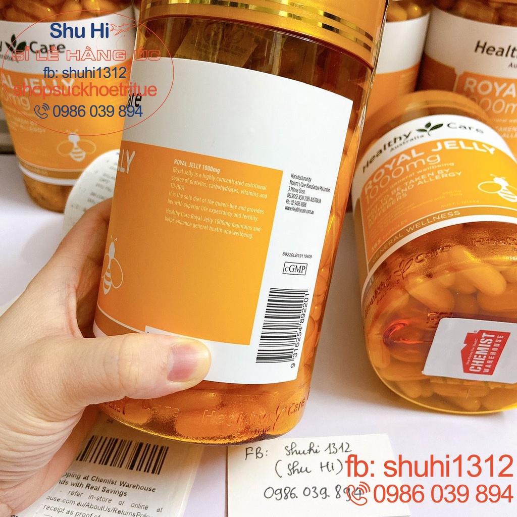 (Mẫu mới) Sữa ong chúa Healthy Care Royal Jelly 1000mg lọ 365v - Hàng Úc đi air, đủ tem bill Chemist