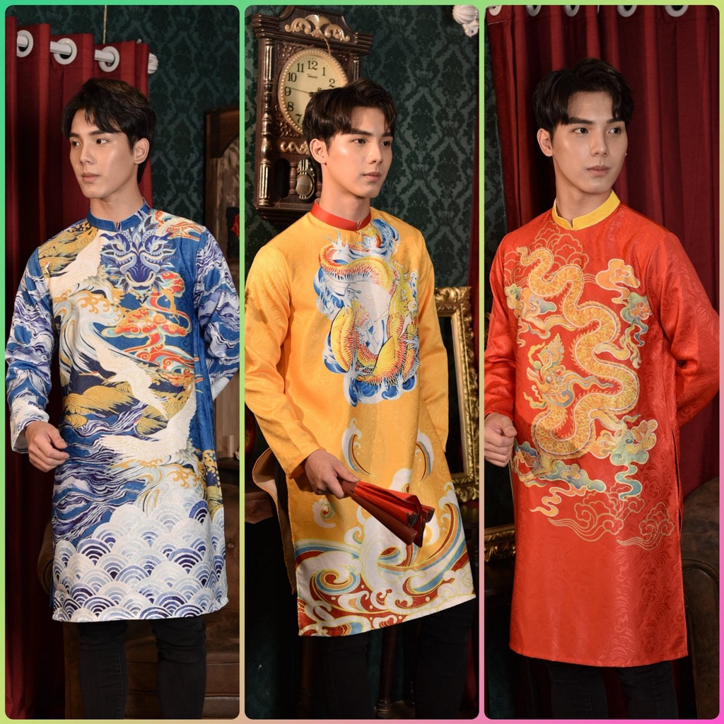 Áo dài cách tân nam 🎀LINLEE🎀 áo dài nam cao cấp màu vàng đẹp sang chảnh thiết kế độc đáo