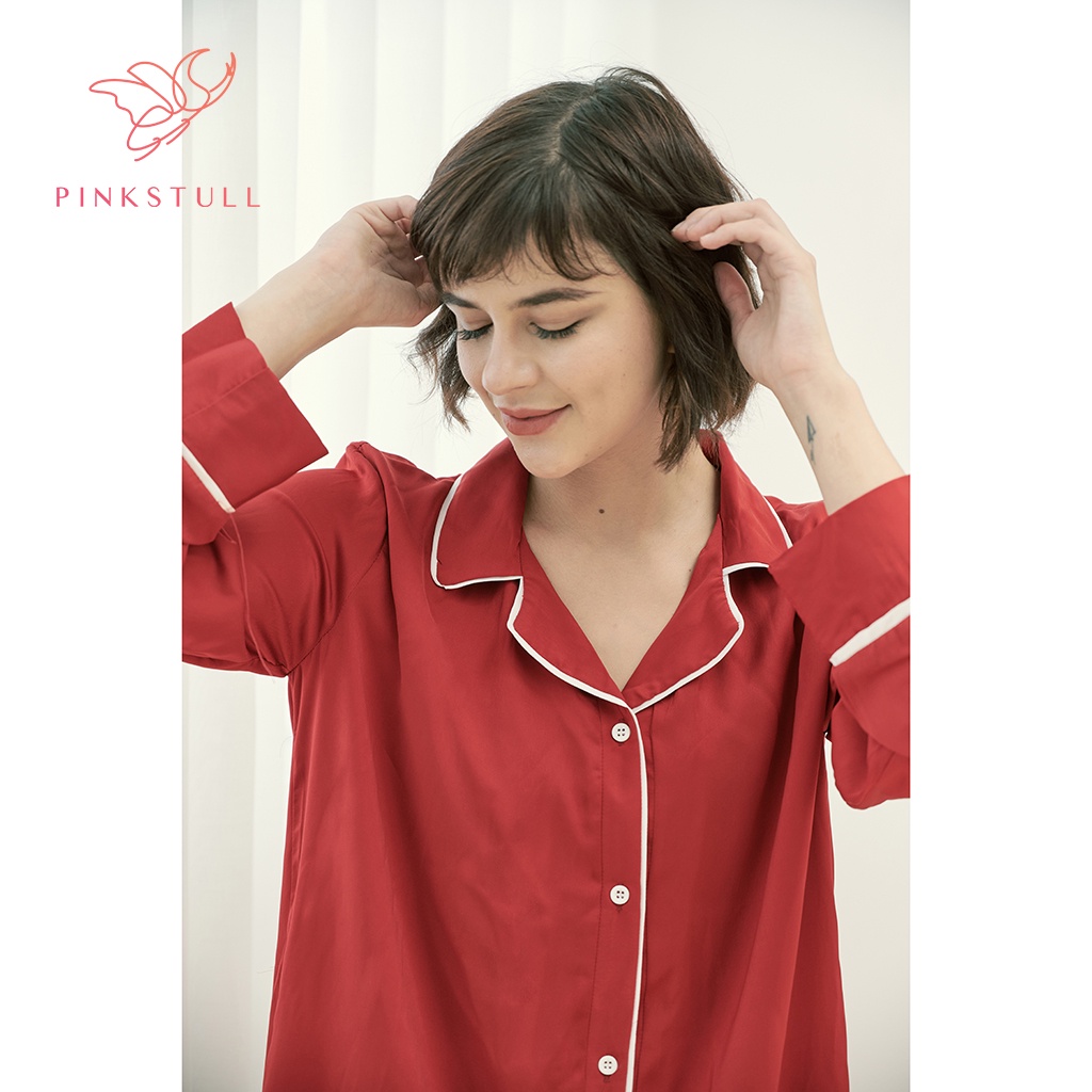 Áo ngủ lụa Pijama Pink Stull đỏ đô viền trắng