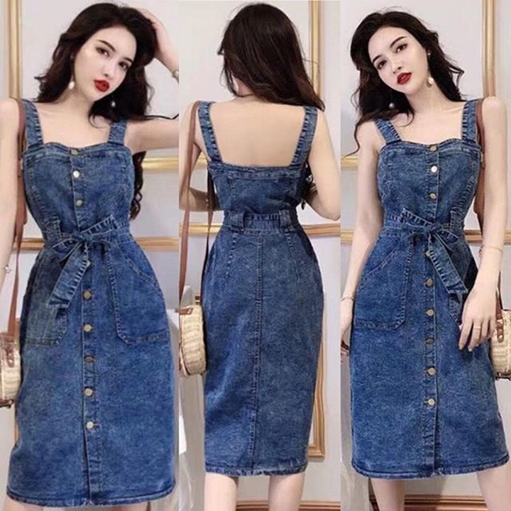 Đầm Yếm Jean Nữ Thắt Dây Eo Thời Trang