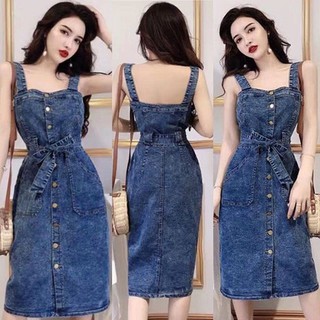 Đầm yếm jean nữ thắt dây eo thời trang