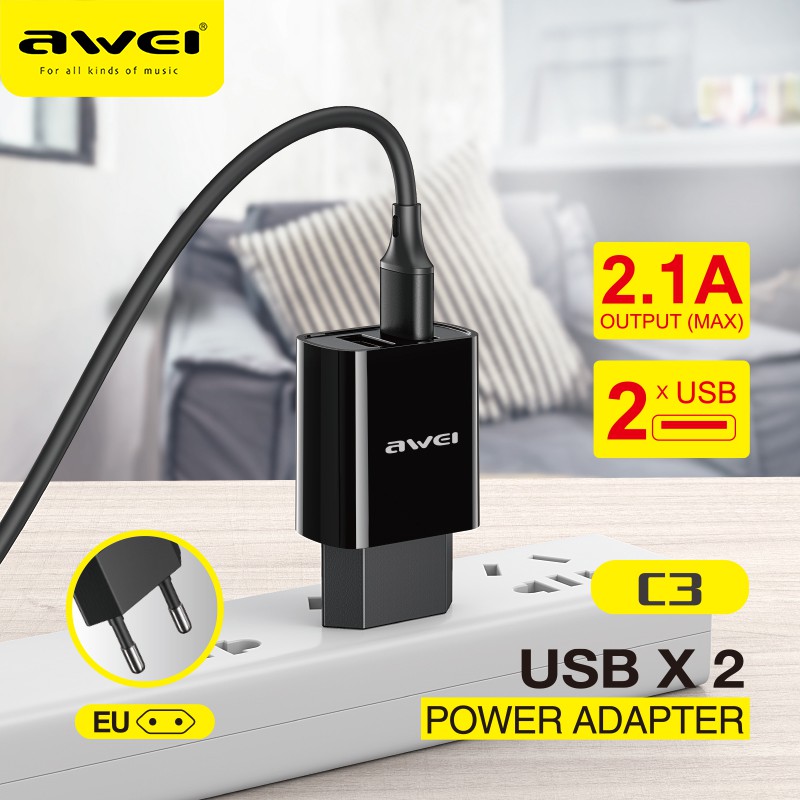 Awei C3 5V/2.1A Fast Charger With Dual USB Port Power Adapter