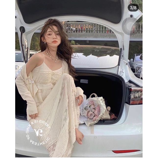 SET ĐẦM 2 DÂY BO EO MIDI KEM + ÁO KHOÁC MỎNG BI NỔI