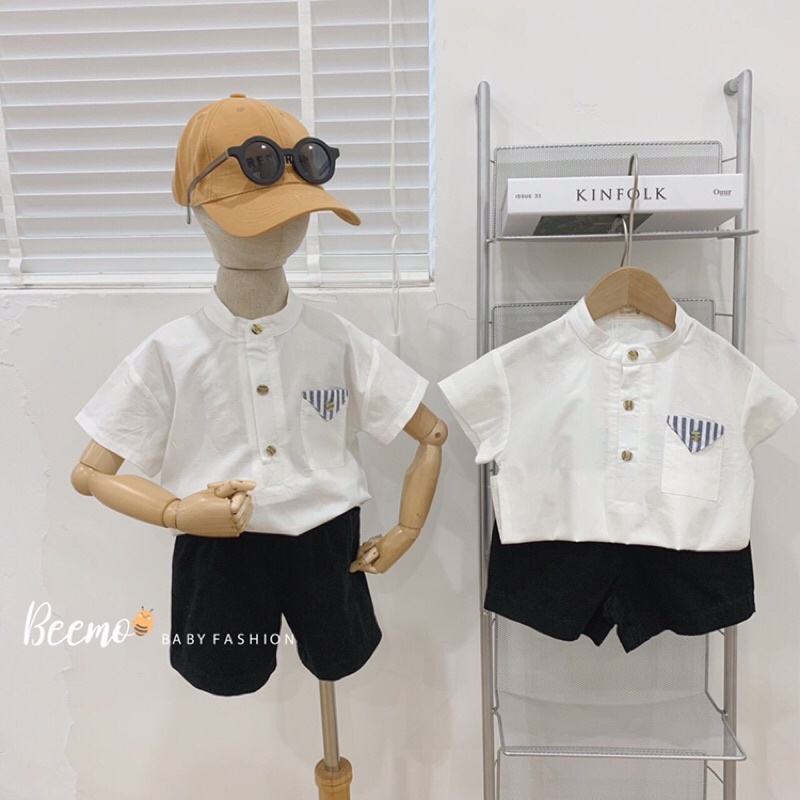 Set sơ mi cộc tay bé trai hãng beemo cực năng động, bé trai mặc đi học đi chơi