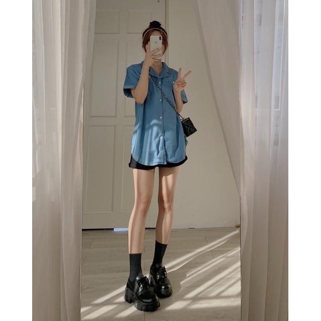 Áo sơ mi bò túi trước 742, áo sơ mi tay ngắn form rộng, áo khoác denim tay ngắn