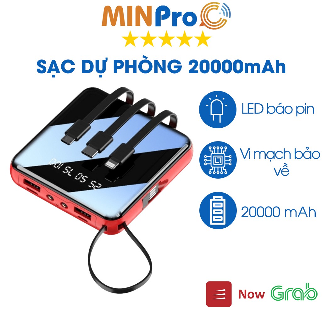 Pin sạc dự phòng 20000mAh mini, nhỏ gọn, tặng kèm dây cáp 3 đầu hình vuông - MINPRO