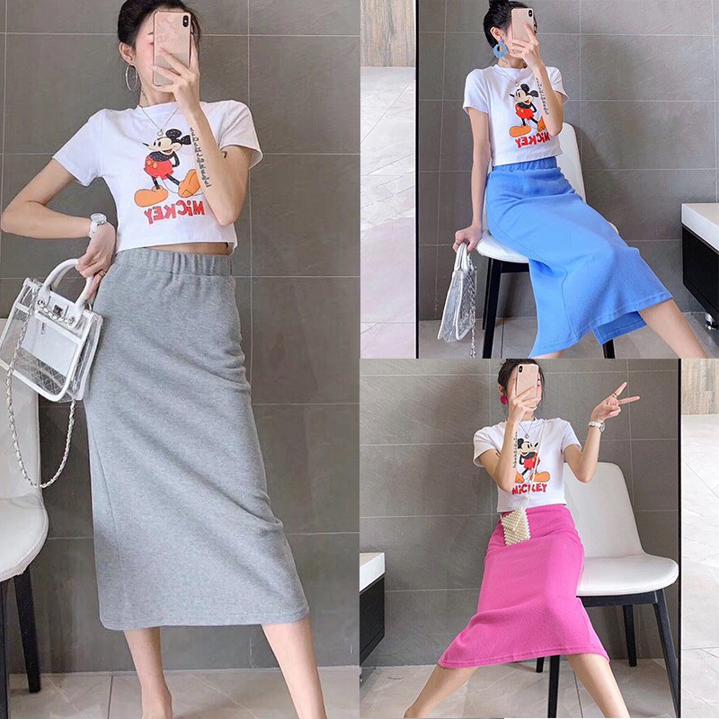 Set áo thun tay ngắn &amp; váy midi in hình chuột Mickey