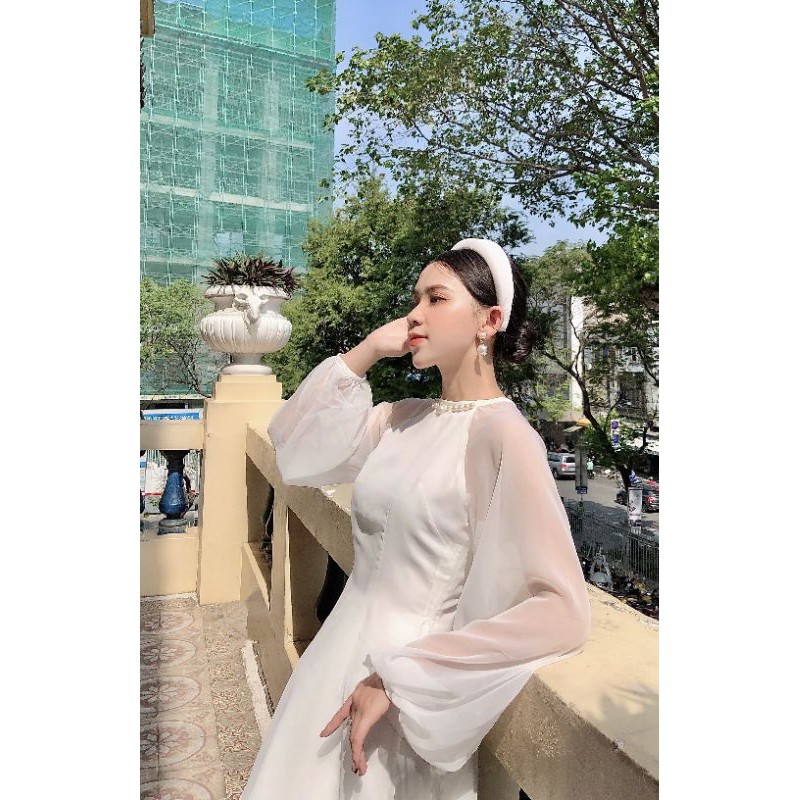 Áo dài trắng 2 tà phối tay