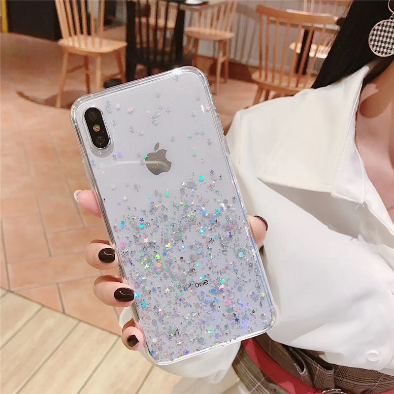 Ốp lưng iphone iPhone SE 2 11 Pro XS MAX XR X Transparent Silicone Case For iphone 8 7 6 6S Plus Cover Luxury Bling Glitter Stars Sequins Case