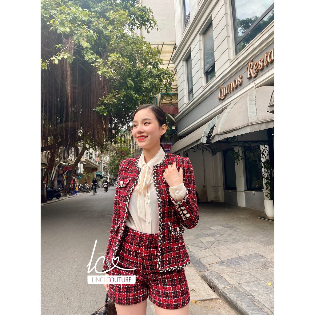 Set Linci Blani kẻ đỏ áo khoác và quần short màu đỏ caro chất tweed Hàn, LINCI đủ size (có lẻ áo)