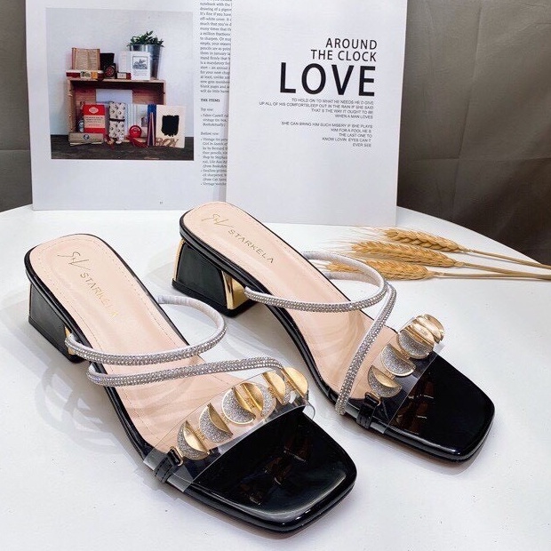 Guốc sandal gót vuông 5 phân quai ngang đính vòng tròn nhũ phối dây đá