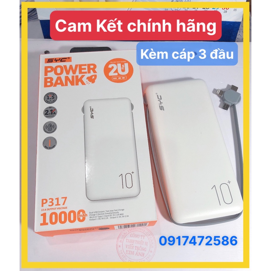 Pin sạc dự phòng SYC P317 dung lượng 10.000 mAh đi kèm với cáp sạc hỗ trợ sạc nhiều thiết bị cùng lúc