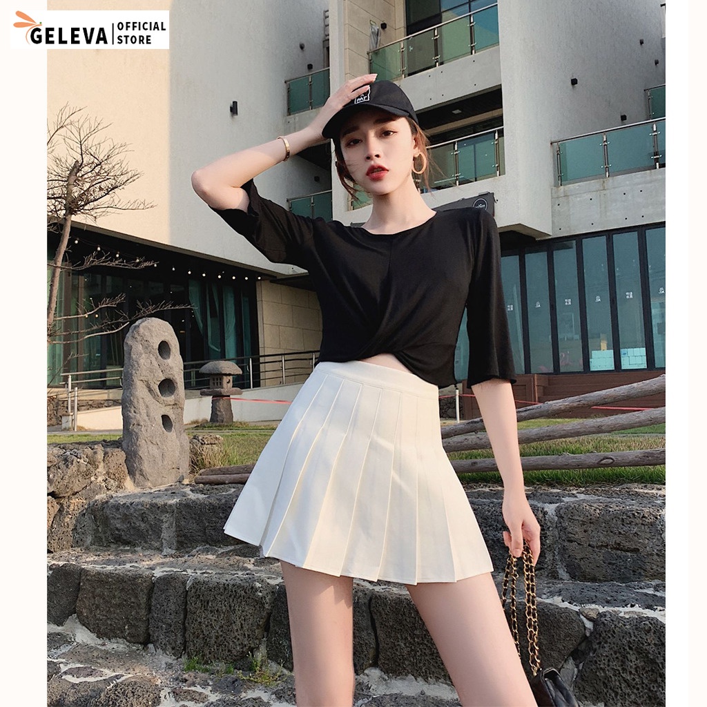 Chân váy tennis xếp ly ngắn phong cách Hàn Quốc, Váy tennis nữ cạp cao màu trắng đen be nâu Geleva GE907 | BigBuy360 - bigbuy360.vn