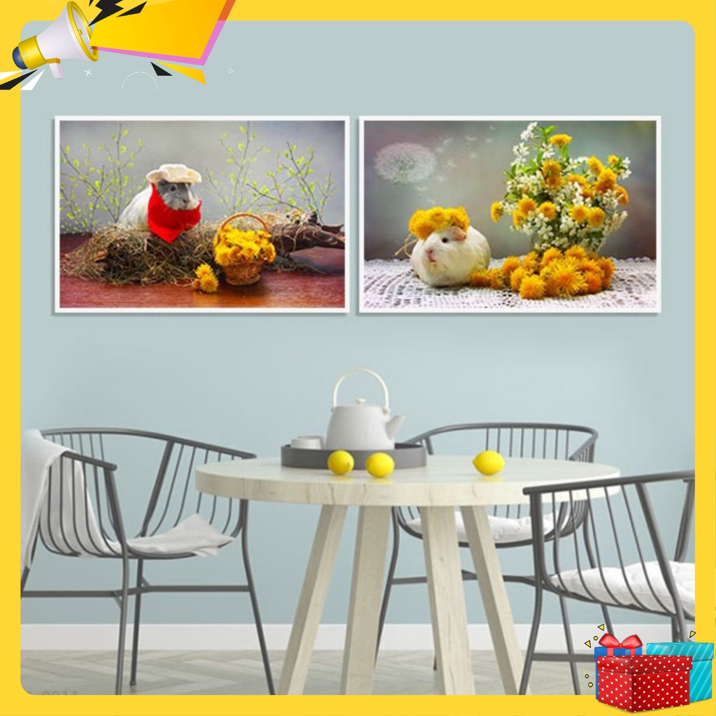 Bộ 2 tranh trang trí chuột hamster và hoa cúc – W359