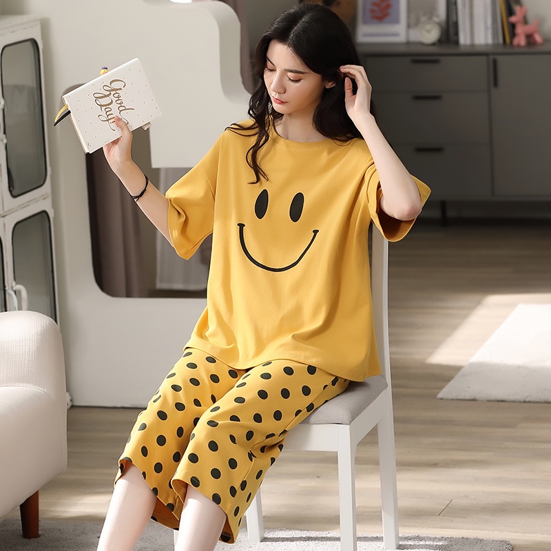 Bộ Đồ Ngủ Vải Cotton Tay Ngắn Dáng Rộng Thoải Mái Cho Nữ