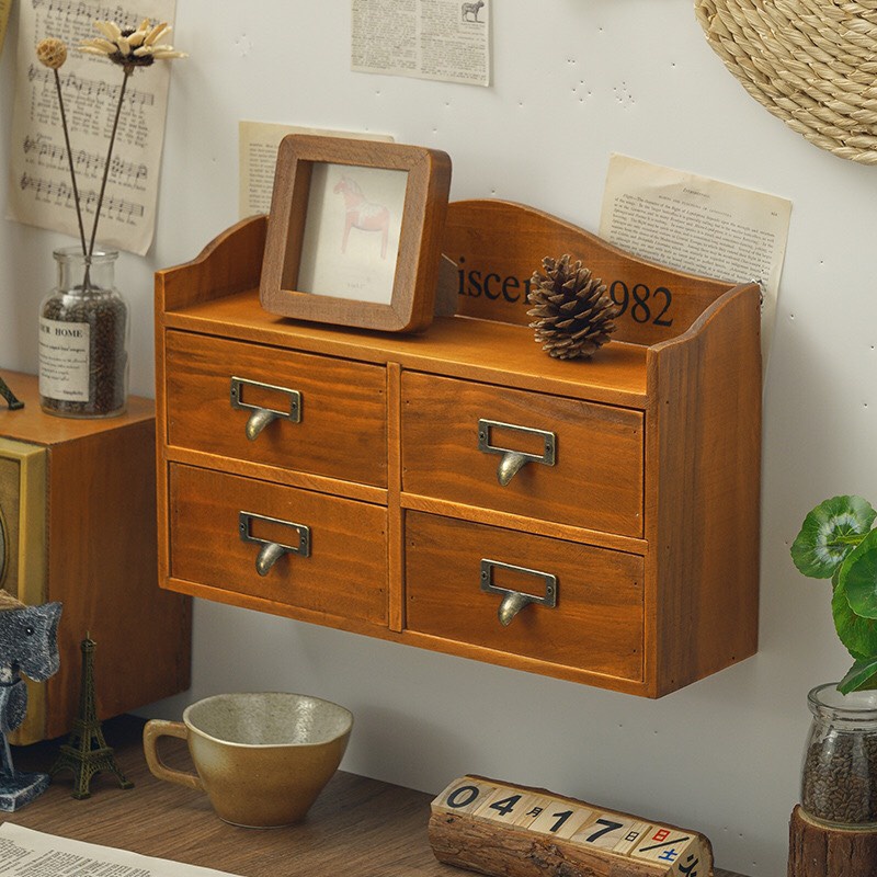 Tủ Gỗ Mini Để Bàn 4 Ngăn Đựng Đồ Decor Phong Cách Vintage