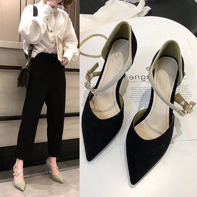 (Order-ảnh thật) Giày cao gót 8cm da lộn nhiều màu, quai chéo phối tag C sang chảnh Quảng Châu 2019